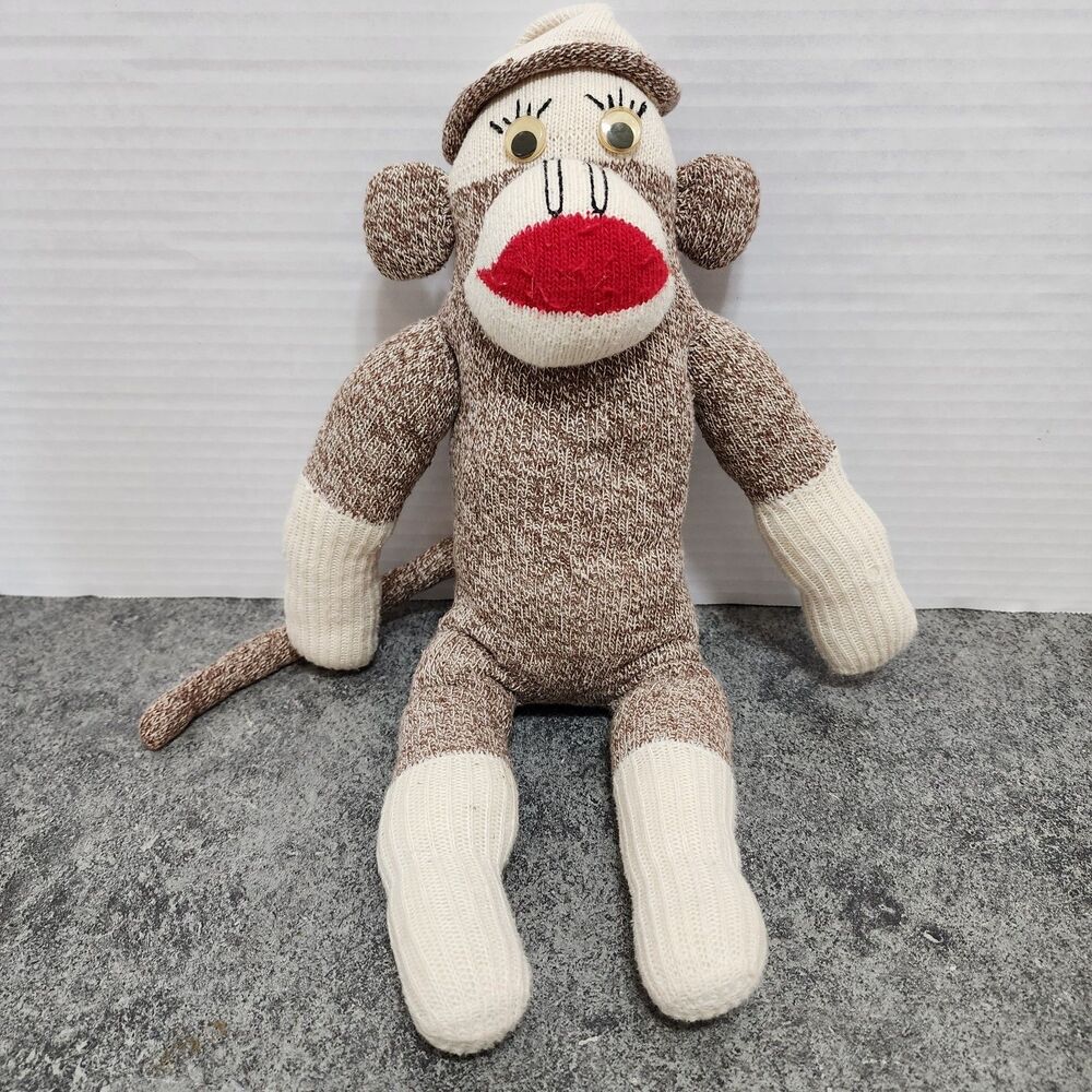 Vintage Sock Monkey Plush Toy Red Heel Sock Craft Doll